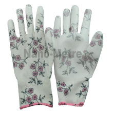 NMSAFETY guantes de cosecha agradable agricultura guantes de jardinería de PU de impresión de flor de calibre 13 de color blanco
